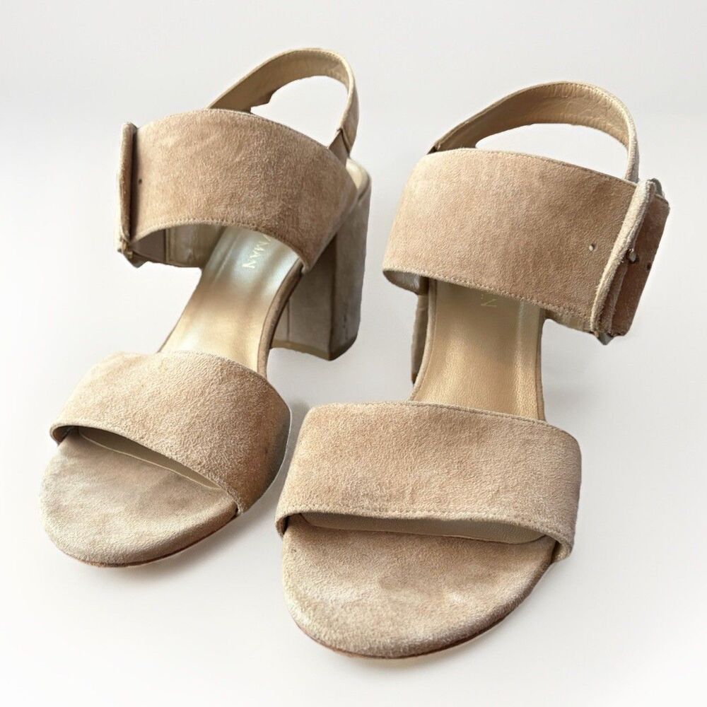 Stuart Weitzman City Sandals Size 11 Tan Suede Big Buckle Slingback Block Heel - Picture 2 of 9